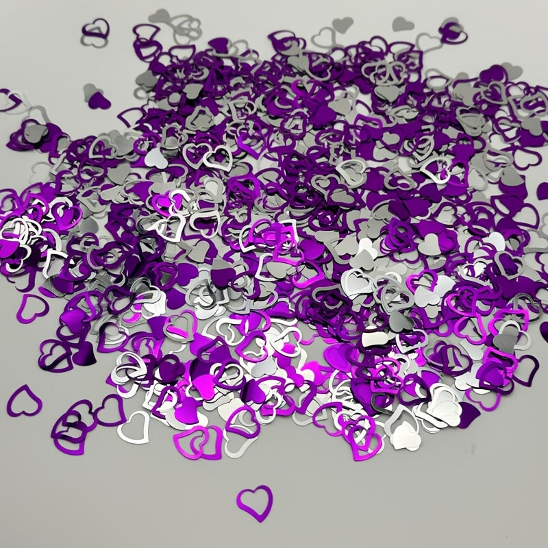 1100pcs Silver Mixed with Purple Hollow Heart PVC Sequins, 10mm & 12mm Mixed Glitter Confetti for Party Decor, Birthday, Wedding Supplies, DIY Gift Box & Balloon Stuffing, Valentine's Day, Mother's Day, Easter, Thanksgiving Party Decoration