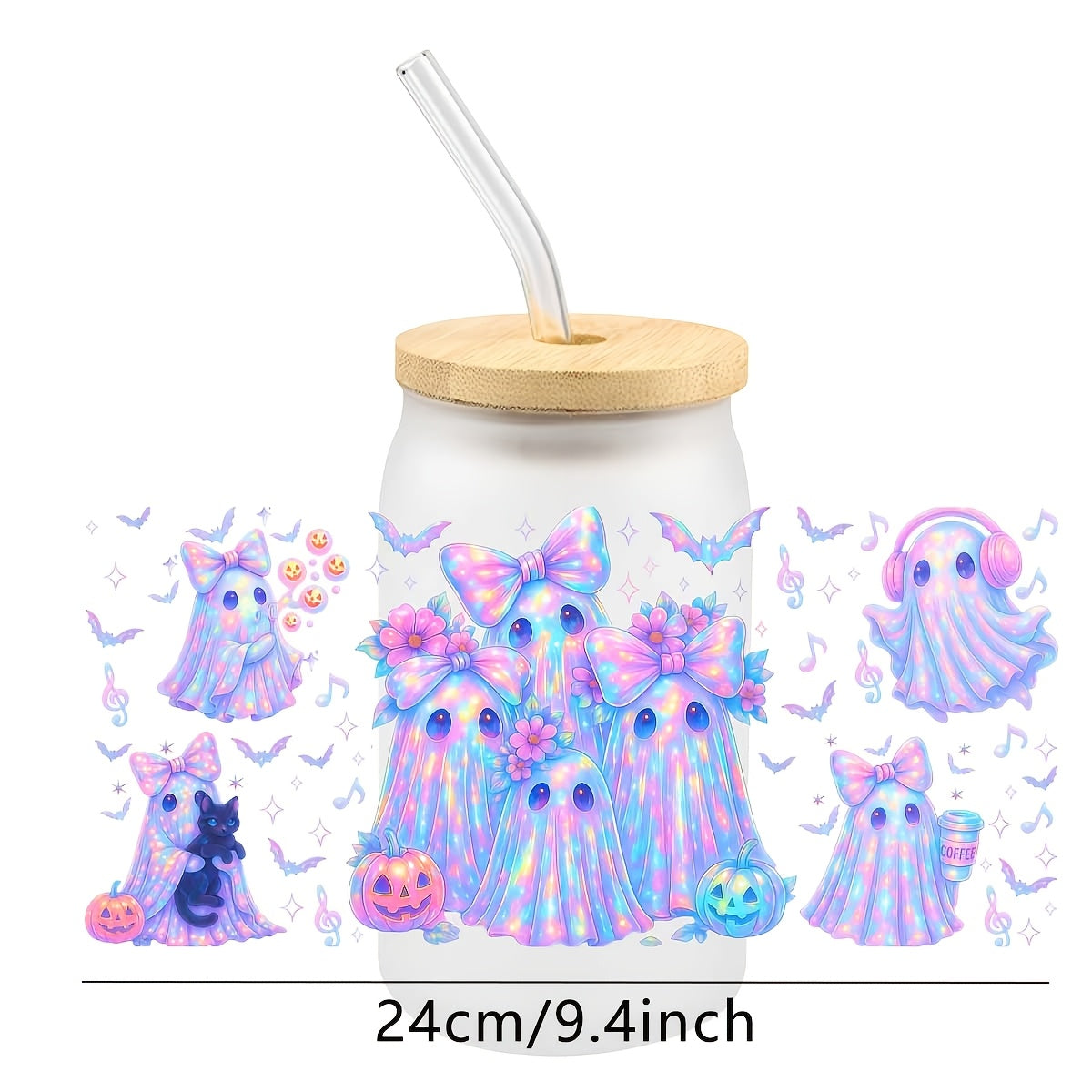2D Flat Sticker Four Cartoon Halloween Graffiti Design UV Transfer Sticker UVDTF Cup Sticker, Size 4.33 Inches X 9.45 Inches, Suitable for Various Projects. Cup Sticker, 2D Flat