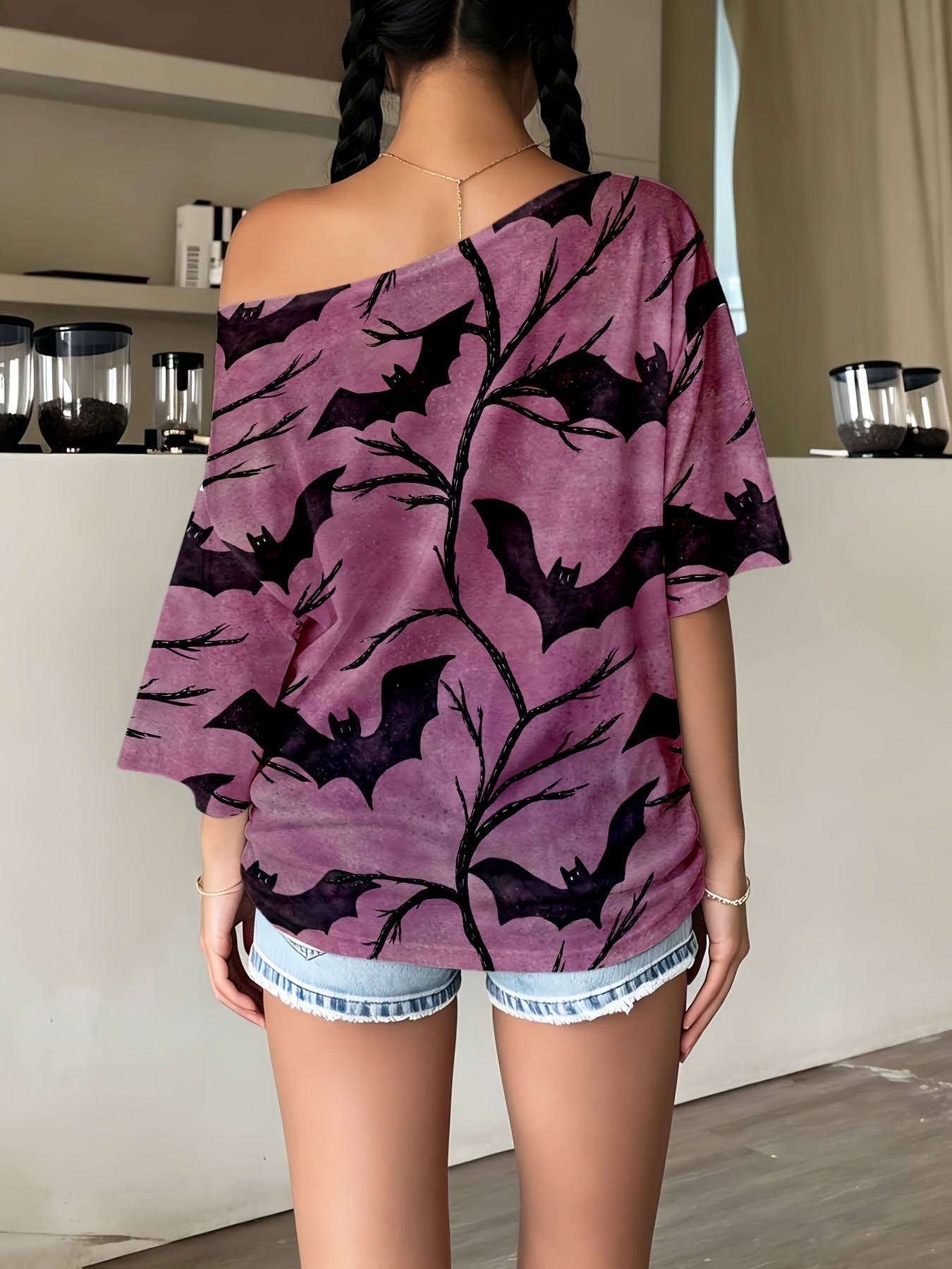 Halloween Bat Print Off Shoulder T Shirt Women Gothic Short Sleeve Top Casual Sports Wear