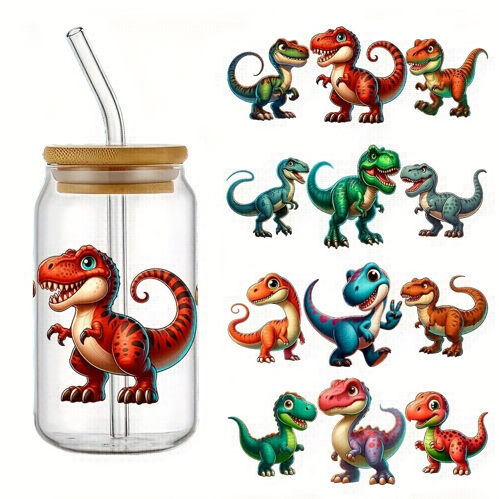 4pcs Funny Dinosaur Sunflower UV DTF Cup Wraps Decals, DlY Waterproof Transfer Paper for 160z Libbey Glass Cup, 3D UV Crystal Label, DIY Transfer Paper- 4.3" x 9.4"