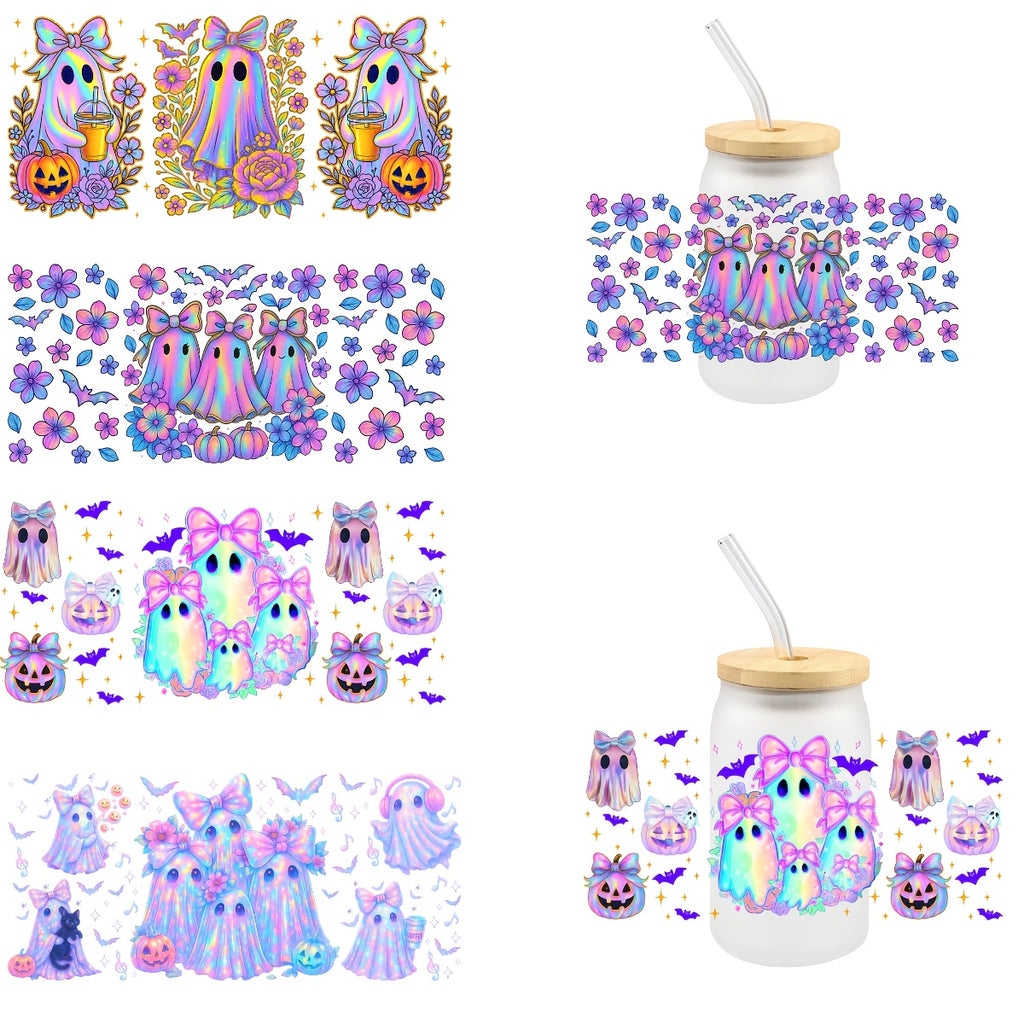 2D Flat Sticker Four Cartoon Halloween Graffiti Design UV Transfer Sticker UVDTF Cup Sticker, Size 4.33 Inches X 9.45 Inches, Suitable for Various Projects. Cup Sticker, 2D Flat