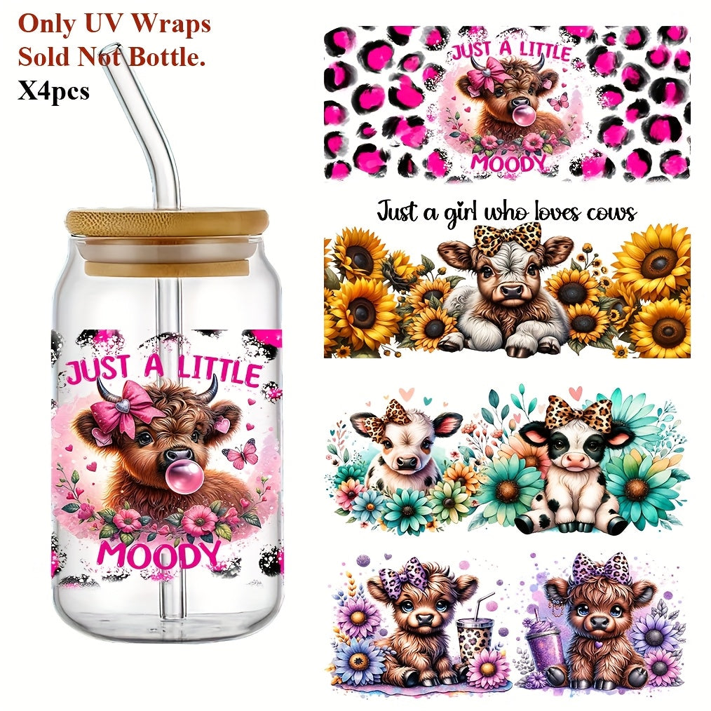 4pcs Cute Highland Cow UV DTF Cup Wraps, Transfer Stickers DlY for Glass 160z Glass Cups&Bottles Wraps, Fashion Women Decals DIY Crafts