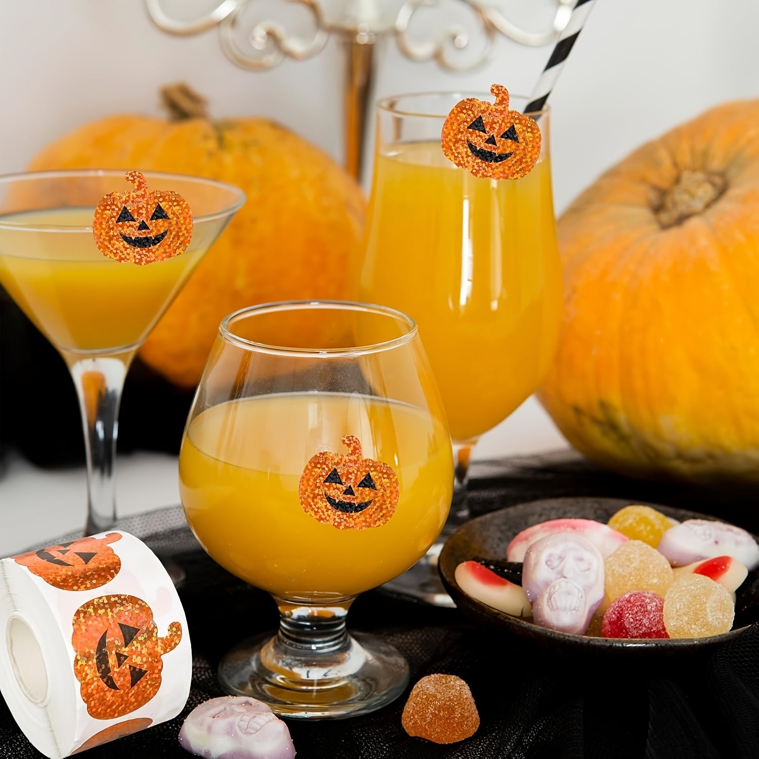 120pcs Self Adhesive Jack-O-Lantern Labels, Cute Sparkle Pumpkin Face Stickers for Halloween Party Favors, Gift Wrapping, Envelope Sealing & Classroom Decoration